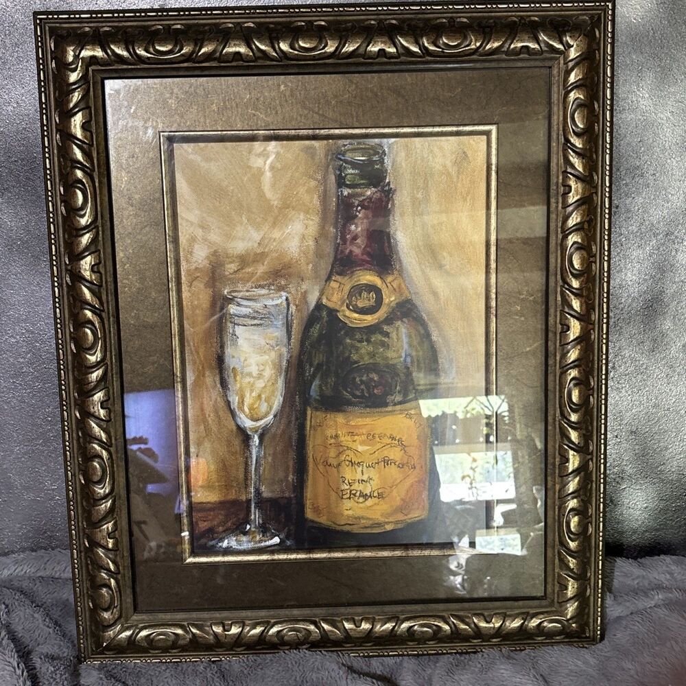 Framed Wine Still Life Art Print Bottle & Glass Portrait Food & Drink 24.5x20.5”